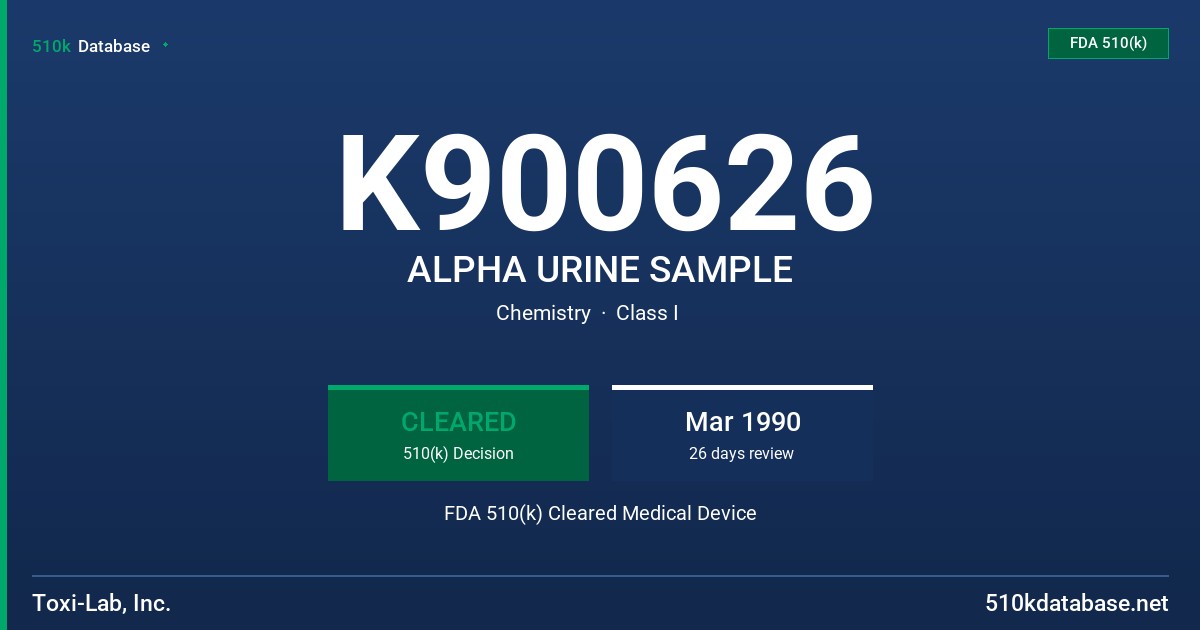K900626 ALPHA URINE SAMPLE FDA 510(k) Cleared Medical Device