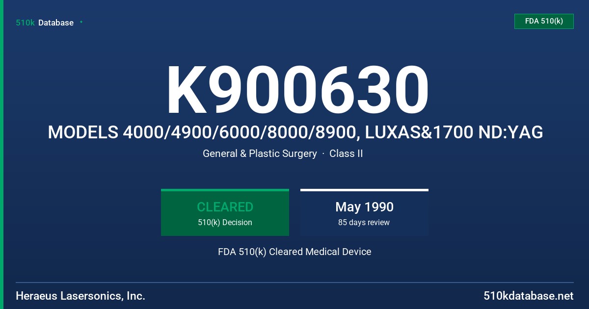 K900630 MODELS 4000/4900/6000/8000/8900, LUXAS&1700 ND:YAG FDA 510(k) Cleared Medical Device
