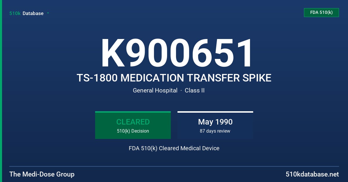 K900651 TS-1800 MEDICATION TRANSFER SPIKE FDA 510(k) Cleared Medical Device