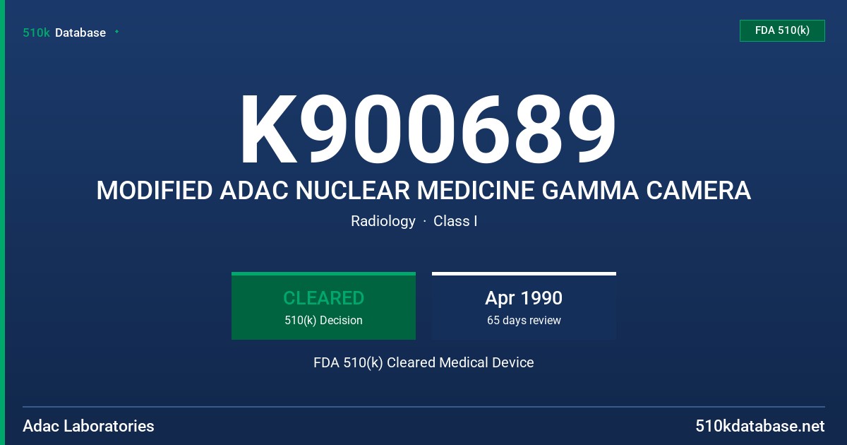 K900689 MODIFIED ADAC NUCLEAR MEDICINE GAMMA CAMERA FDA 510(k) Cleared Medical Device
