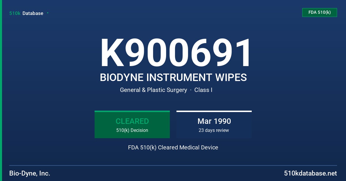 K900691 BIODYNE INSTRUMENT WIPES FDA 510(k) Cleared Medical Device