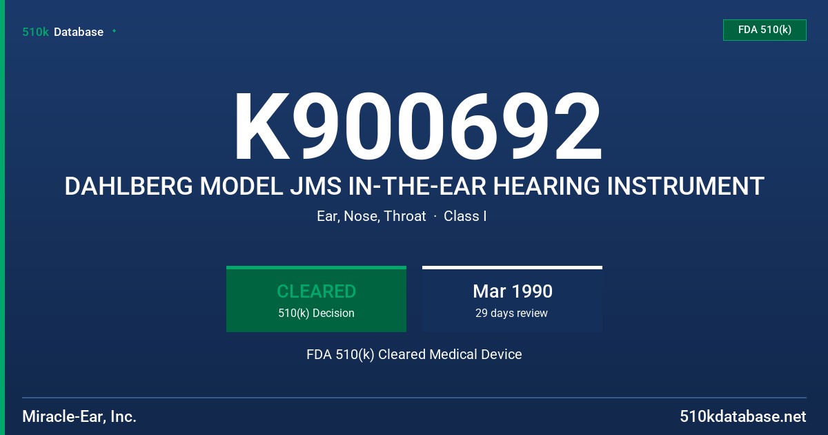 K900692 DAHLBERG MODEL JMS IN-THE-EAR HEARING INSTRUMENT FDA 510(k) Cleared Medical Device