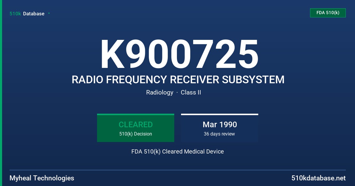 K900725 RADIO FREQUENCY RECEIVER SUBSYSTEM FDA 510(k) Cleared Medical Device