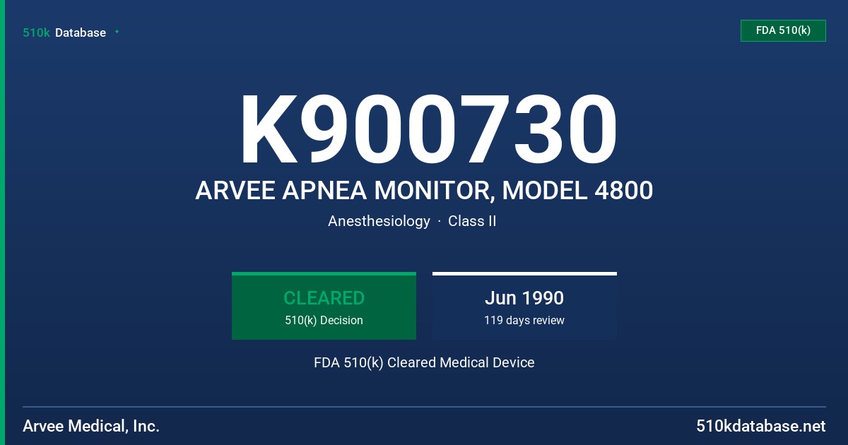 K900730 ARVEE APNEA MONITOR, MODEL 4800 FDA 510(k) Cleared Medical Device