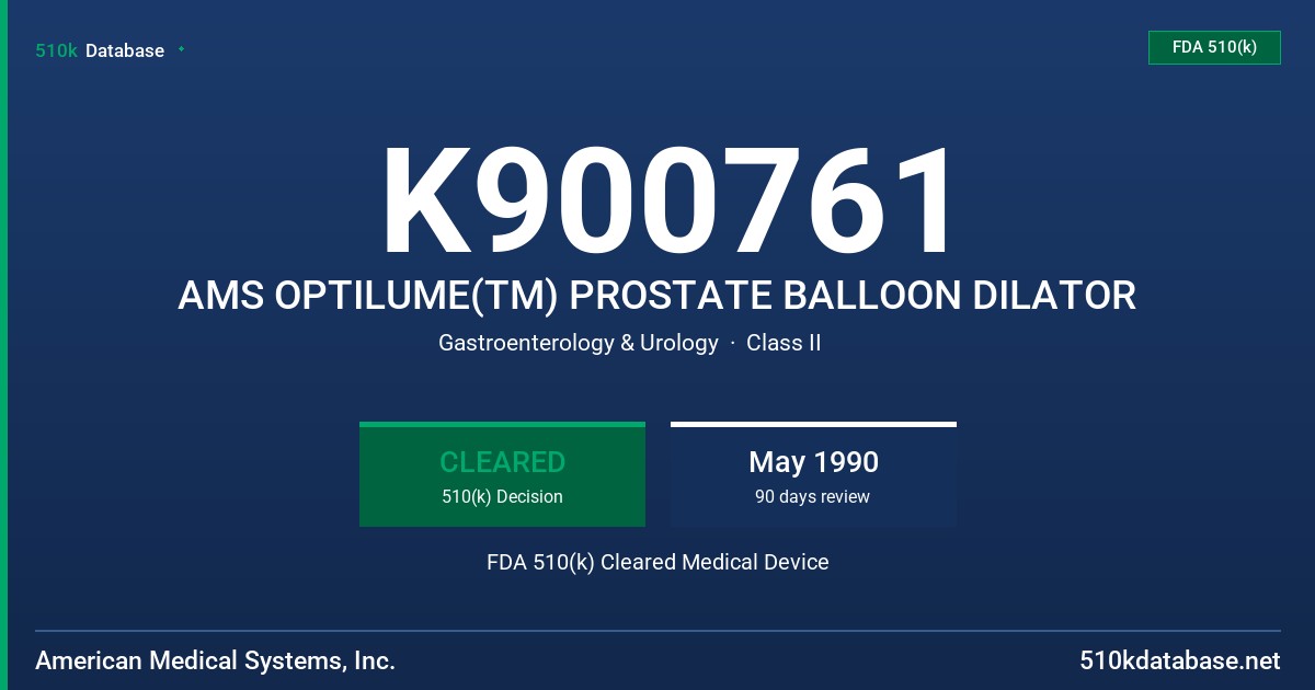 K900761 AMS OPTILUME(TM) PROSTATE BALLOON DILATOR FDA 510(k) Cleared Medical Device