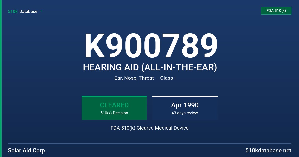 K900789 HEARING AID (ALL-IN-THE-EAR) FDA 510(k) Cleared Medical Device