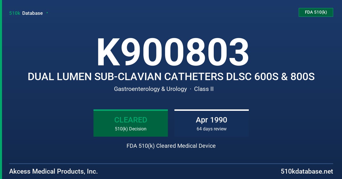 K900803 DUAL LUMEN SUB-CLAVIAN CATHETERS DLSC 600S & 800S FDA 510(k) Cleared Medical Device