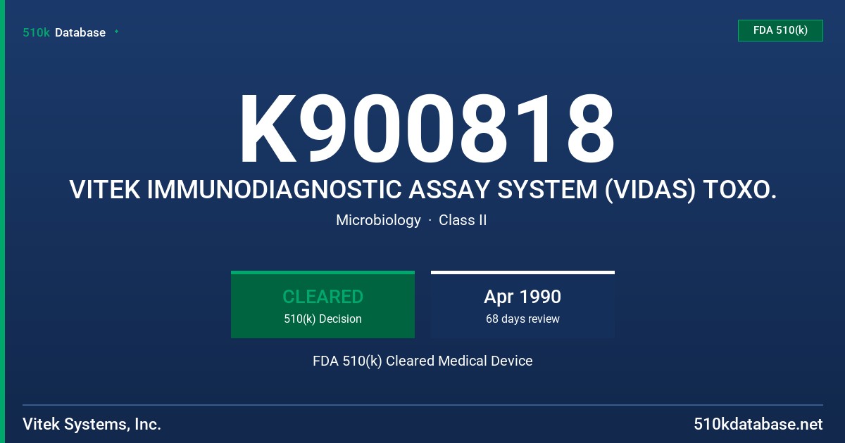 K900818 VITEK IMMUNODIAGNOSTIC ASSAY SYSTEM (VIDAS) TOXO. FDA 510(k) Cleared Medical Device