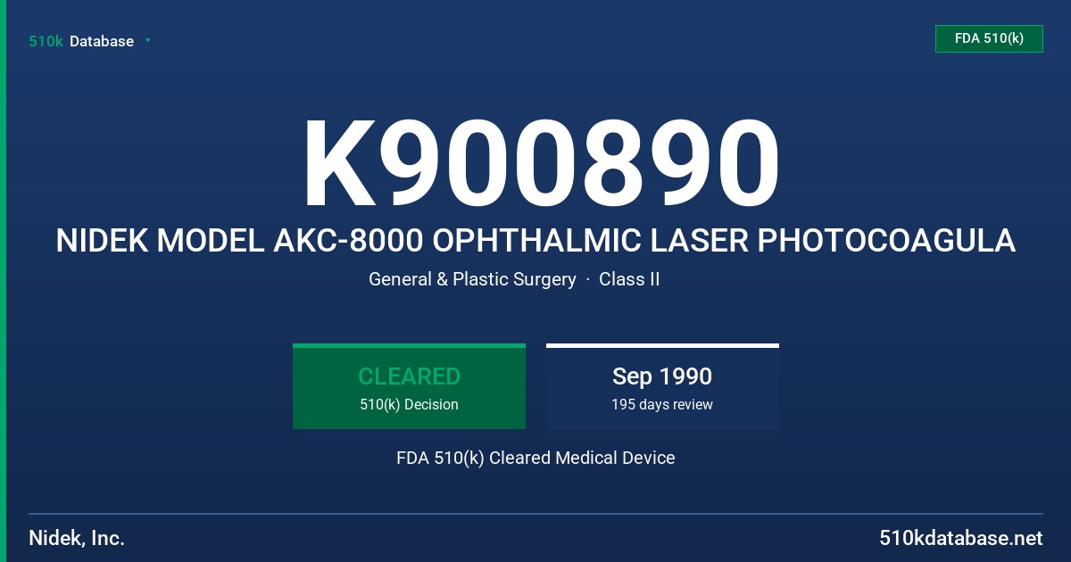 K900890 NIDEK MODEL AKC-8000 OPHTHALMIC LASER PHOTOCOAGULA FDA 510(k) Cleared Medical Device