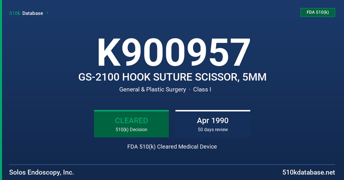 K900957 GS-2100 HOOK SUTURE SCISSOR, 5MM FDA 510(k) Cleared Medical Device