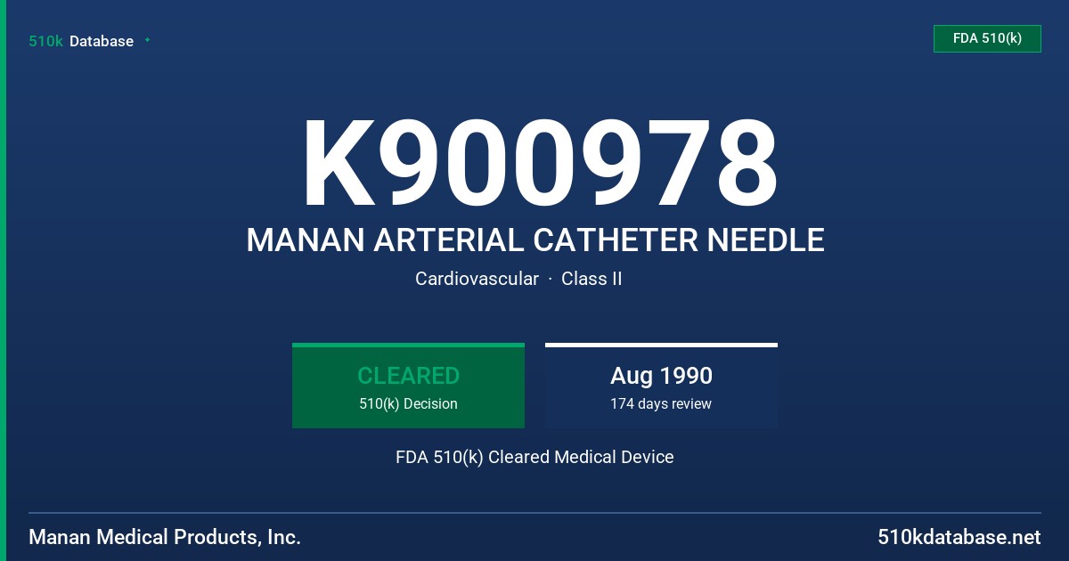 K900978 MANAN ARTERIAL CATHETER NEEDLE FDA 510(k) Cleared Medical Device