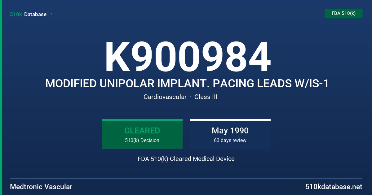 K900984 MODIFIED UNIPOLAR IMPLANT. PACING LEADS W/IS-1 FDA 510(k) Cleared Medical Device