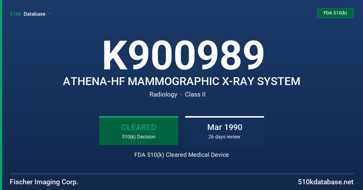 K900989 ATHENA-HF MAMMOGRAPHIC X-RAY SYSTEM FDA 510(k) Cleared Medical Device
