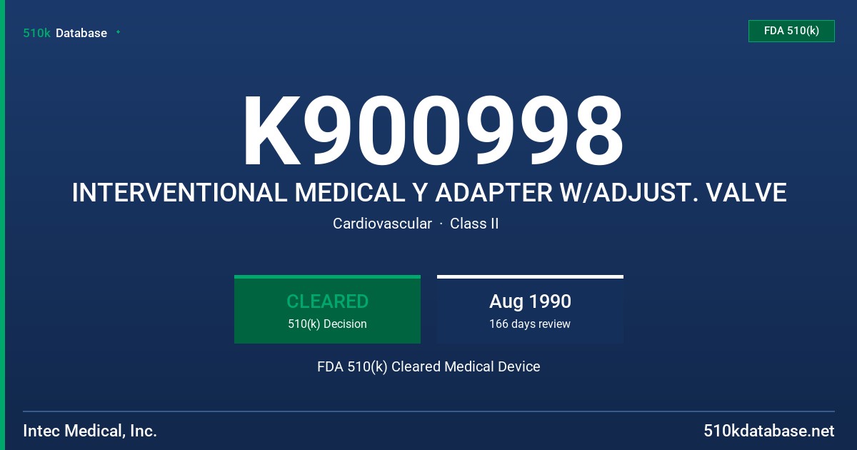 K900998 INTERVENTIONAL MEDICAL Y ADAPTER W/ADJUST. VALVE FDA 510(k) Cleared Medical Device