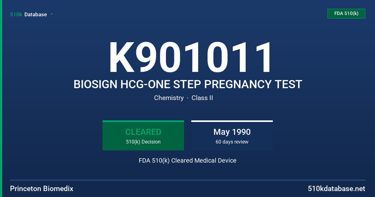K901011 BIOSIGN HCG-ONE STEP PREGNANCY TEST FDA 510(k) Cleared Medical Device