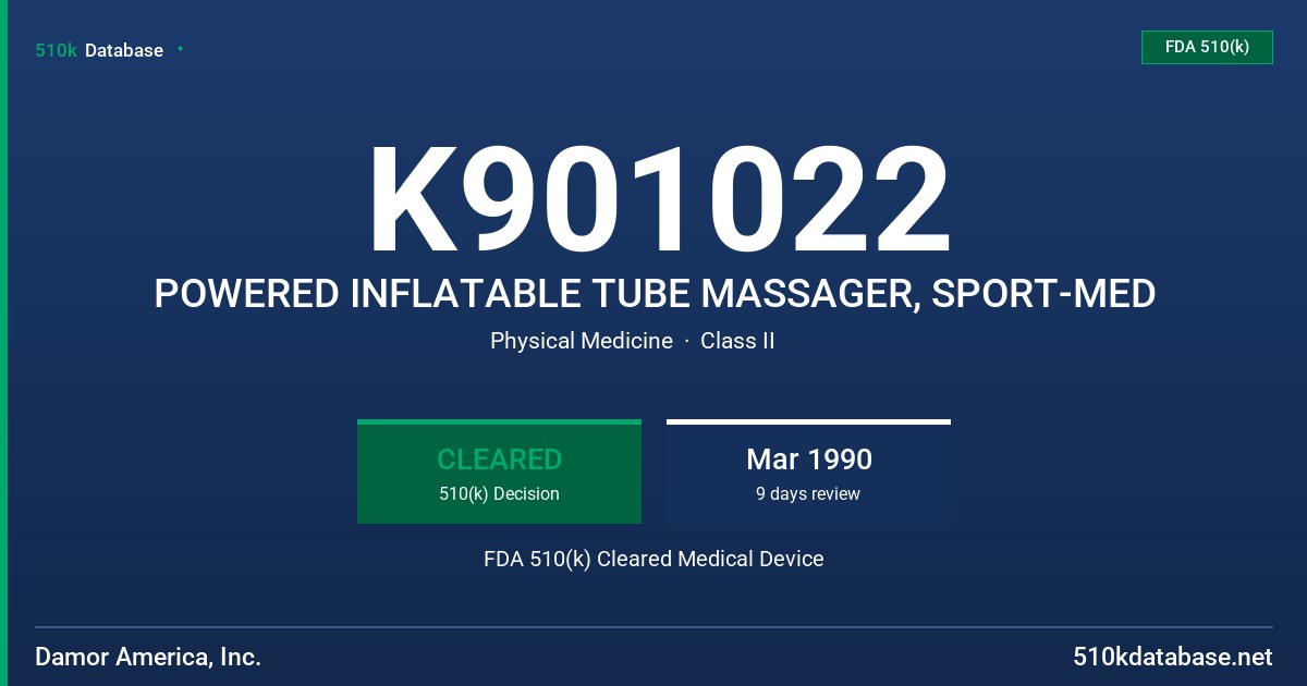 K901022 POWERED INFLATABLE TUBE MASSAGER, SPORT-MED FDA 510(k) Cleared Medical Device
