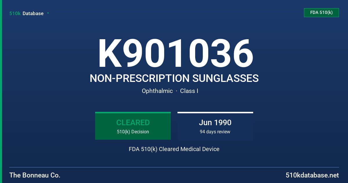 K901036 NON-PRESCRIPTION SUNGLASSES FDA 510(k) Cleared Medical Device