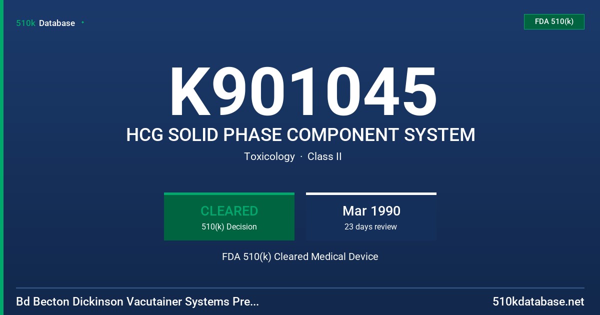 K901045 HCG SOLID PHASE COMPONENT SYSTEM FDA 510(k) Cleared Medical Device