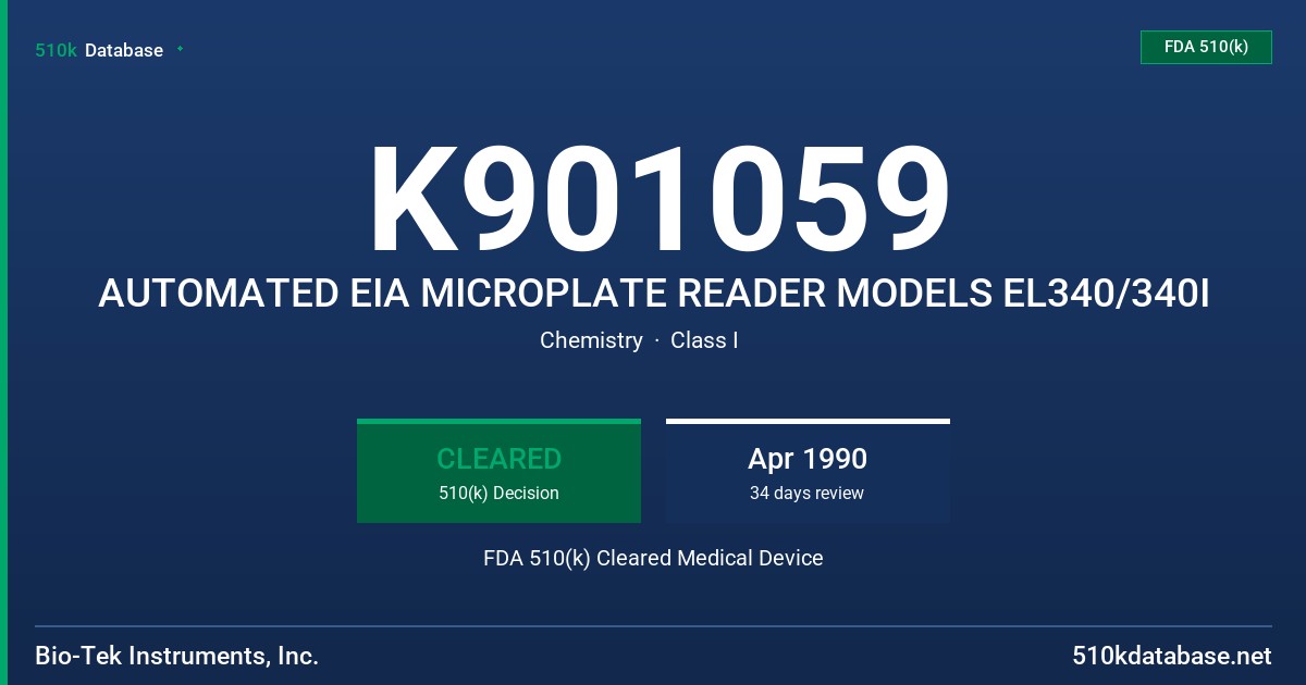 K901059 AUTOMATED EIA MICROPLATE READER MODELS EL340/340I FDA 510(k) Cleared Medical Device