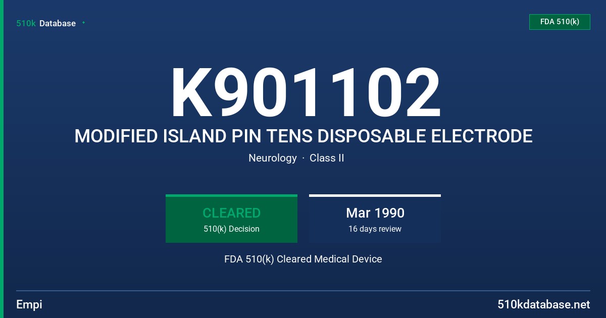 K901102 MODIFIED ISLAND PIN TENS DISPOSABLE ELECTRODE FDA 510(k) Cleared Medical Device