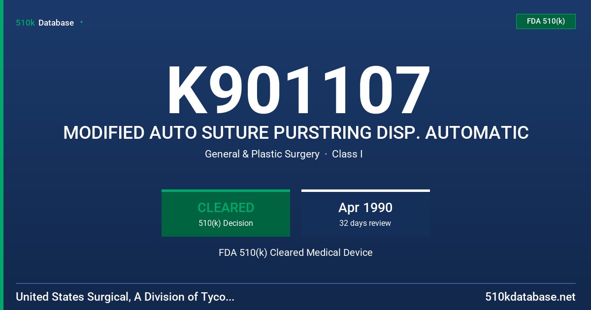 K901107 MODIFIED AUTO SUTURE PURSTRING DISP. AUTOMATIC FDA 510(k) Cleared Medical Device