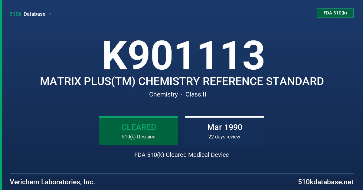K901113 MATRIX PLUS(TM) CHEMISTRY REFERENCE STANDARD FDA 510(k) Cleared Medical Device