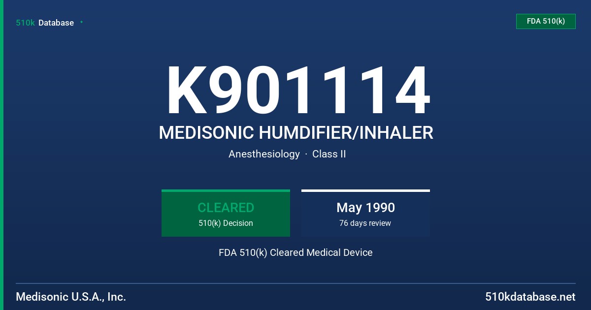 K901114 MEDISONIC HUMDIFIER/INHALER FDA 510(k) Cleared Medical Device