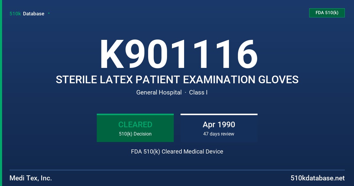 K901116 STERILE LATEX PATIENT EXAMINATION GLOVES FDA 510(k) Cleared Medical Device