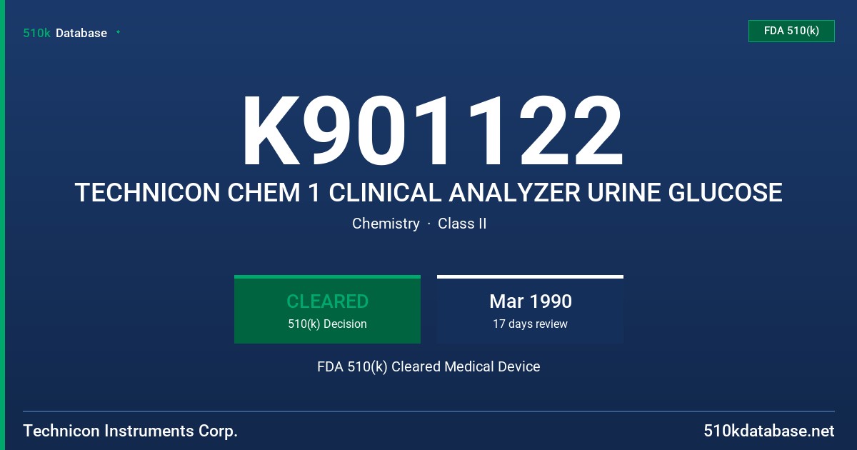 K901122 TECHNICON CHEM 1 CLINICAL ANALYZER URINE GLUCOSE FDA 510(k) Cleared Medical Device