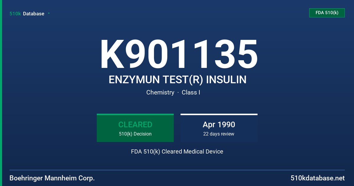 K901135 ENZYMUN TEST(R) INSULIN FDA 510(k) Cleared Medical Device