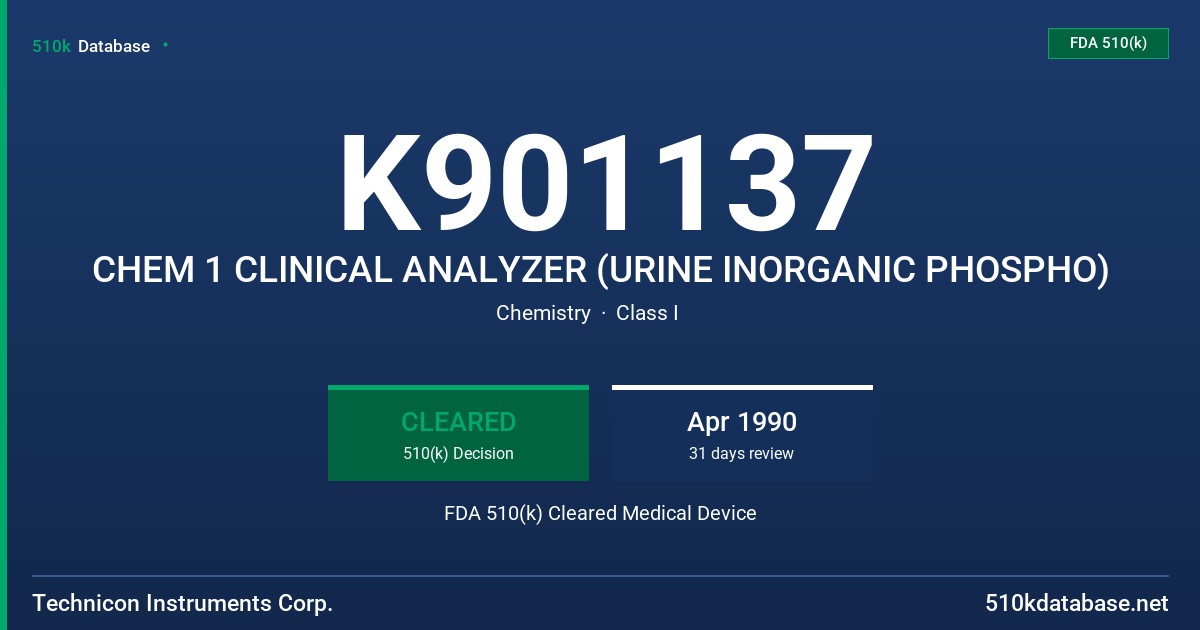 K901137 CHEM 1 CLINICAL ANALYZER (URINE INORGANIC PHOSPHO) FDA 510(k) Cleared Medical Device