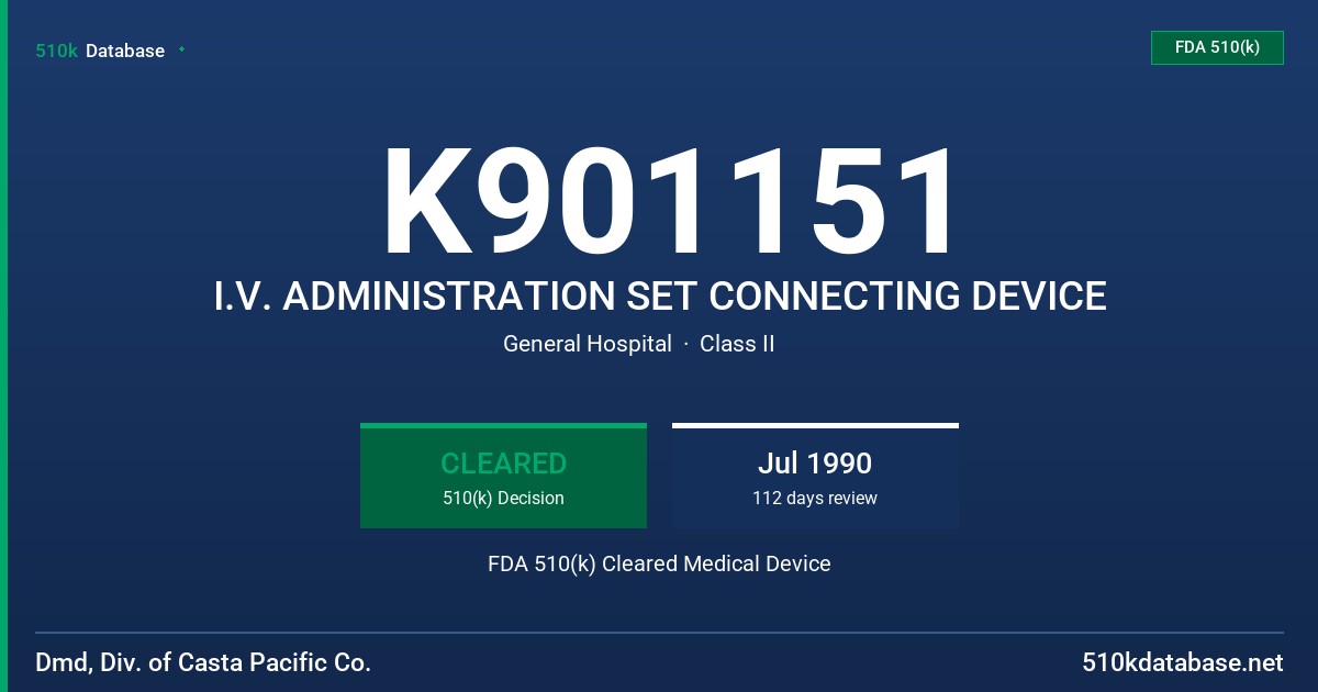 K901151 I.V. ADMINISTRATION SET CONNECTING DEVICE FDA 510(k) Cleared Medical Device