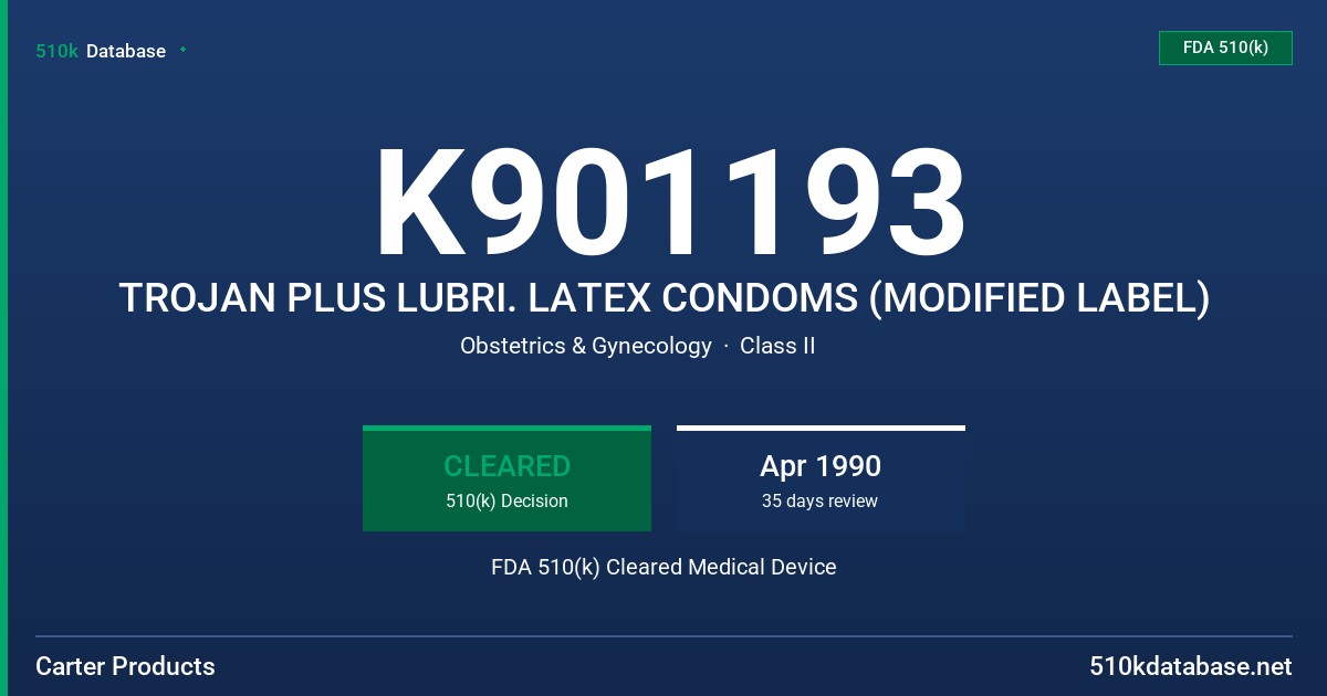 K901193 TROJAN PLUS LUBRI. LATEX CONDOMS (MODIFIED LABEL) FDA 510(k) Cleared Medical Device