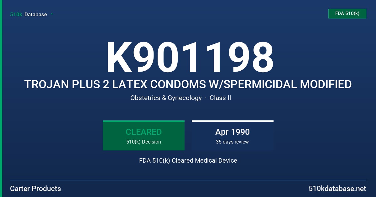 K901198 TROJAN PLUS 2 LATEX CONDOMS W/SPERMICIDAL MODIFIED FDA 510(k) Cleared Medical Device
