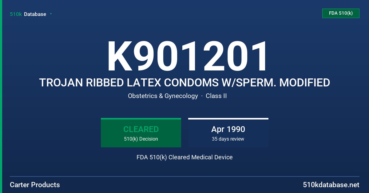 K901201 TROJAN RIBBED LATEX CONDOMS W/SPERM. MODIFIED FDA 510(k) Cleared Medical Device