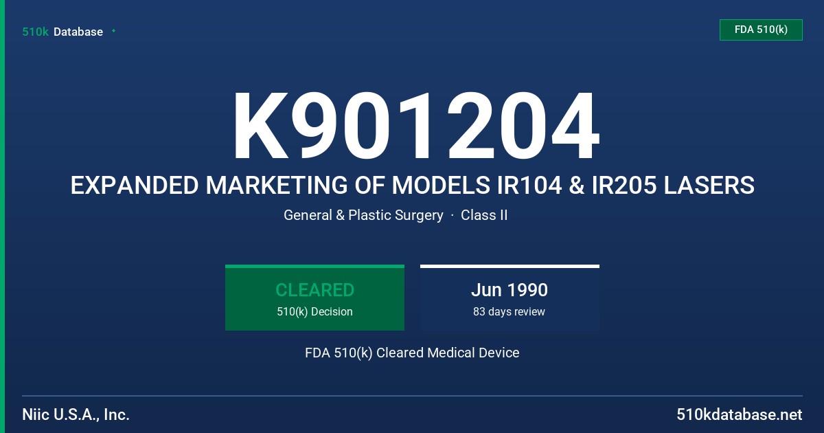 K901204 EXPANDED MARKETING OF MODELS IR104 & IR205 LASERS FDA 510(k) Cleared Medical Device