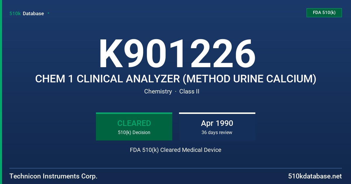 K901226 CHEM 1 CLINICAL ANALYZER (METHOD URINE CALCIUM) FDA 510(k) Cleared Medical Device