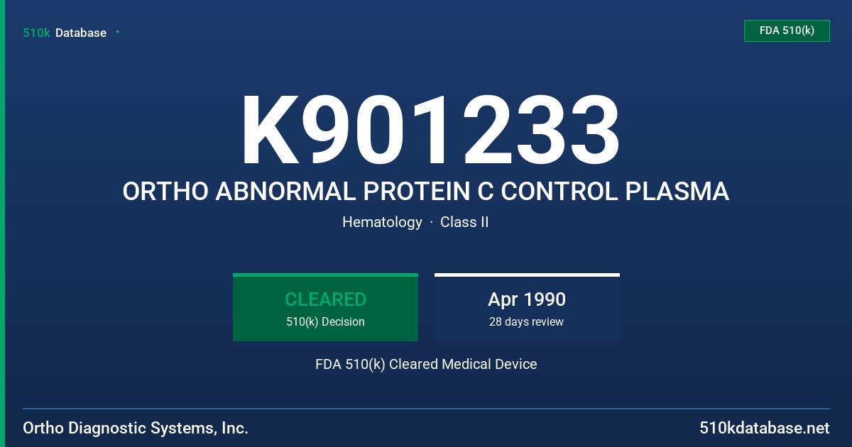 K901233 ORTHO ABNORMAL PROTEIN C CONTROL PLASMA FDA 510(k) Cleared Medical Device