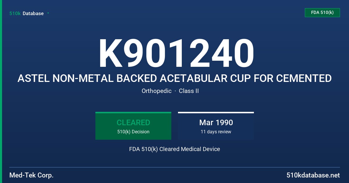 K901240 ASTEL NON-METAL BACKED ACETABULAR CUP FOR CEMENTED FDA 510(k) Cleared Medical Device