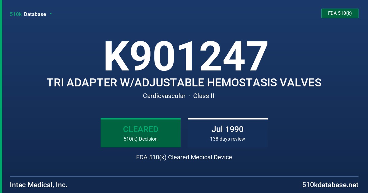 K901247 TRI ADAPTER W/ADJUSTABLE HEMOSTASIS VALVES FDA 510(k) Cleared Medical Device