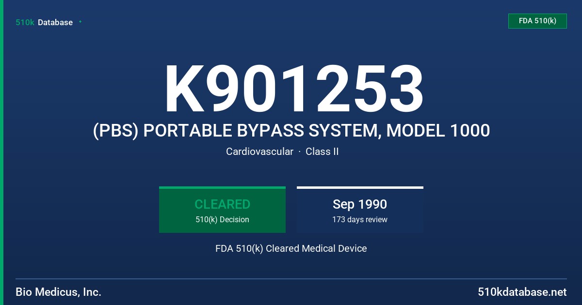 K901253 (PBS) PORTABLE BYPASS SYSTEM, MODEL 1000 FDA 510(k) Cleared Medical Device