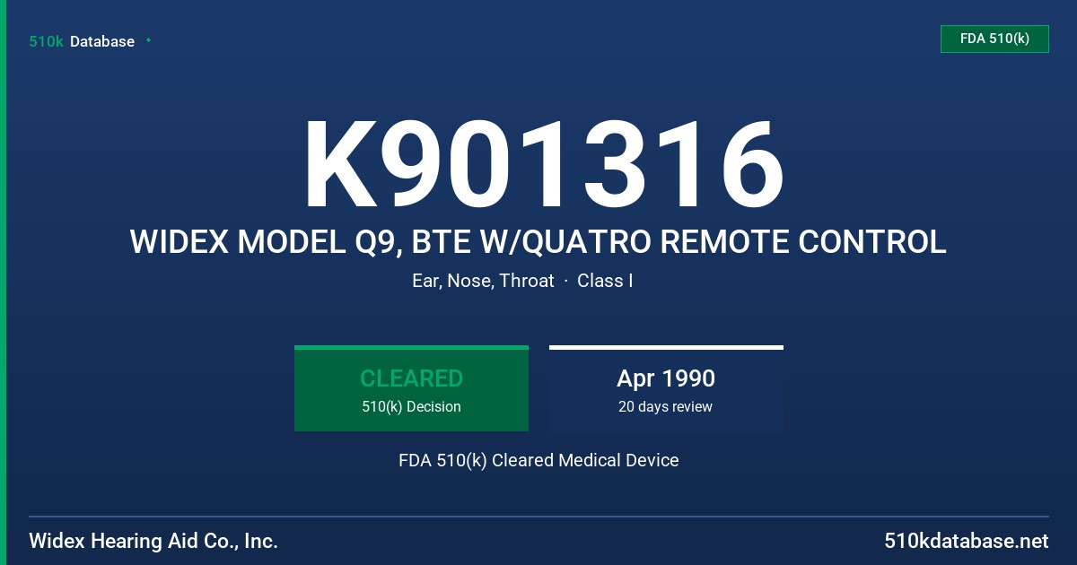 K901316 WIDEX MODEL Q9, BTE W/QUATRO REMOTE CONTROL FDA 510(k) Cleared Medical Device