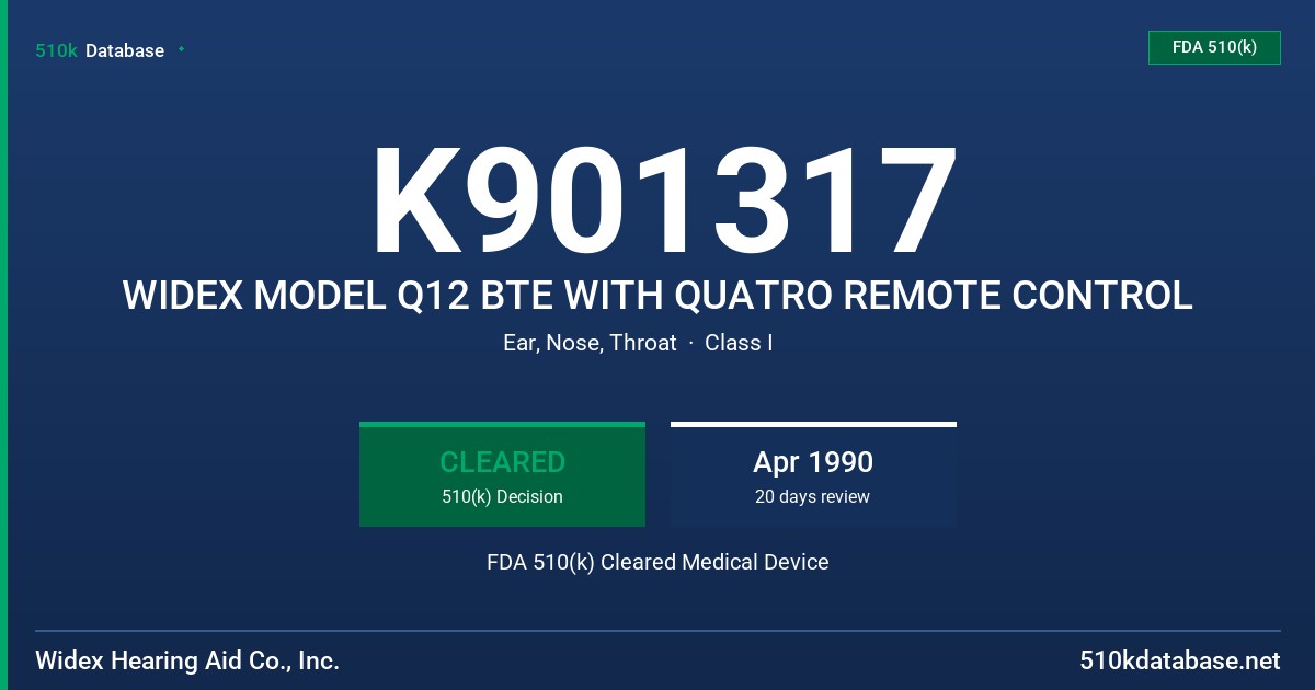 K901317 WIDEX MODEL Q12 BTE WITH QUATRO REMOTE CONTROL FDA 510(k) Cleared Medical Device
