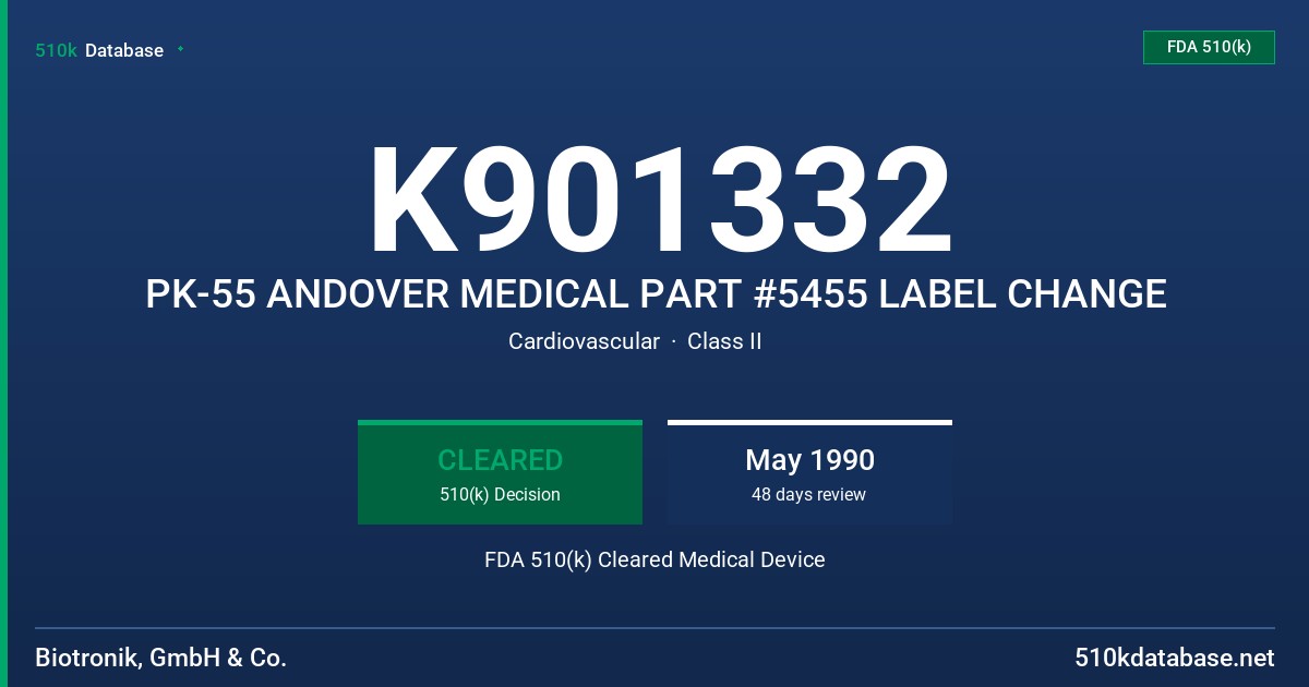 K901332 PK-55 ANDOVER MEDICAL PART #5455 LABEL CHANGE FDA 510(k) Cleared Medical Device