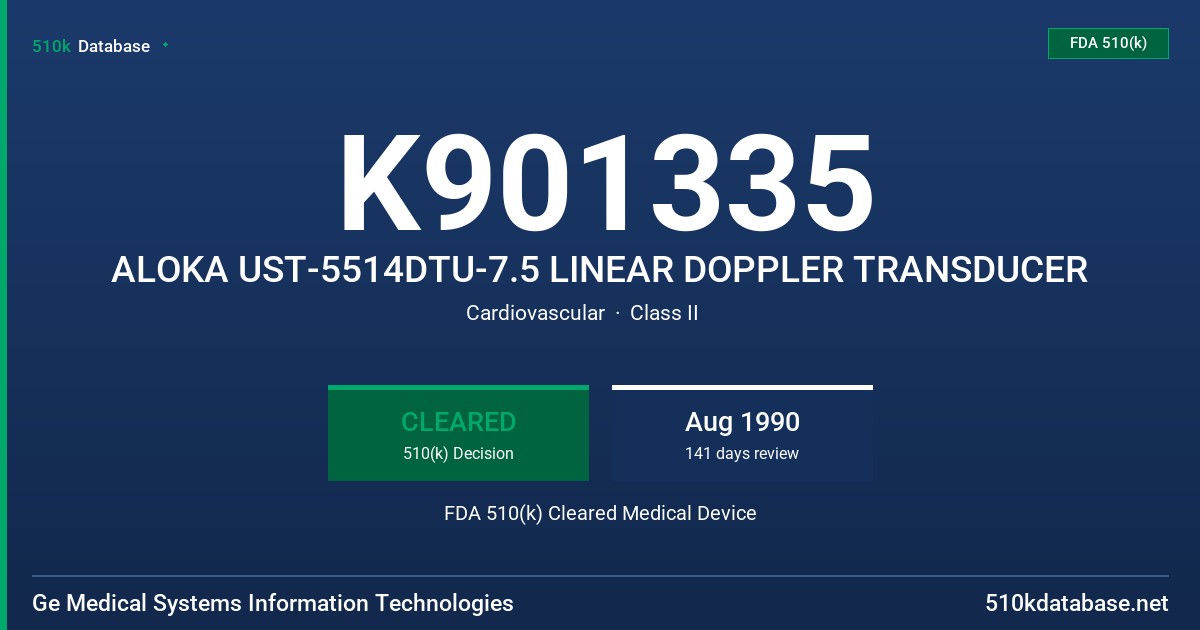 K901335 ALOKA UST-5514DTU-7.5 LINEAR DOPPLER TRANSDUCER FDA 510(k) Cleared Medical Device
