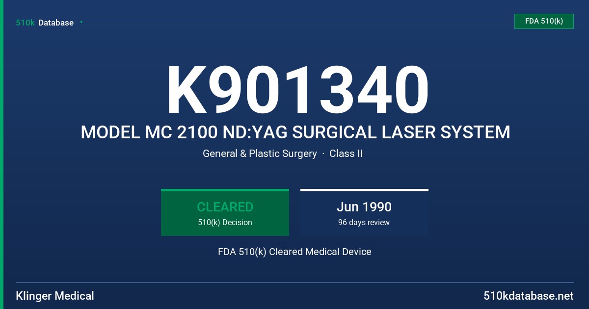 K901340 MODEL MC 2100 ND:YAG SURGICAL LASER SYSTEM FDA 510(k) Cleared Medical Device