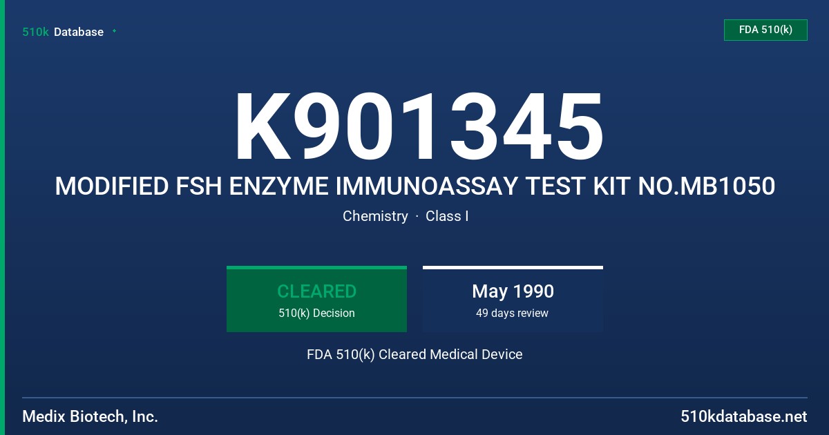 K901345 MODIFIED FSH ENZYME IMMUNOASSAY TEST KIT NO.MB1050 FDA 510(k) Cleared Medical Device