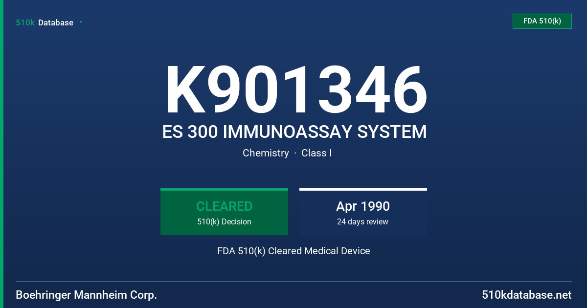 K901346 ES 300 IMMUNOASSAY SYSTEM FDA 510(k) Cleared Medical Device