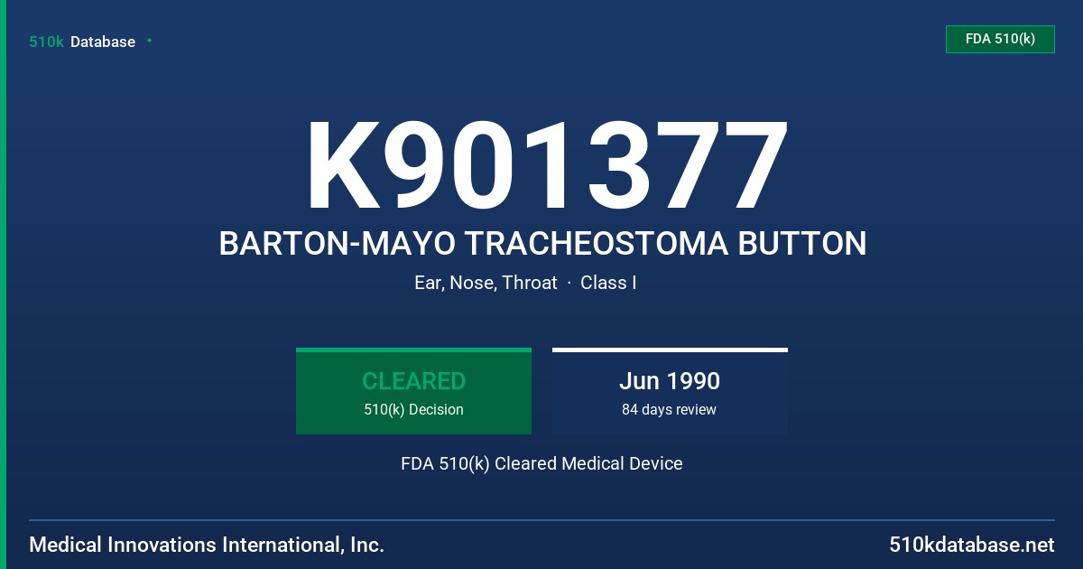 K901377 BARTON-MAYO TRACHEOSTOMA BUTTON FDA 510(k) Cleared Medical Device