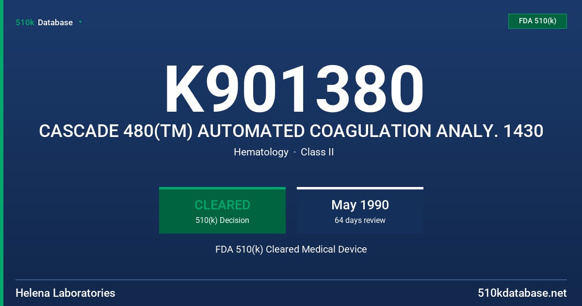 K901380 CASCADE 480(TM) AUTOMATED COAGULATION ANALY. 1430 FDA 510(k) Cleared Medical Device